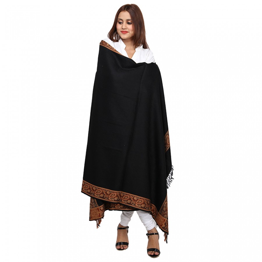 Acro Woolen Black  Solid Color Kashmiri 4 Border Shawl For Her SHL-147